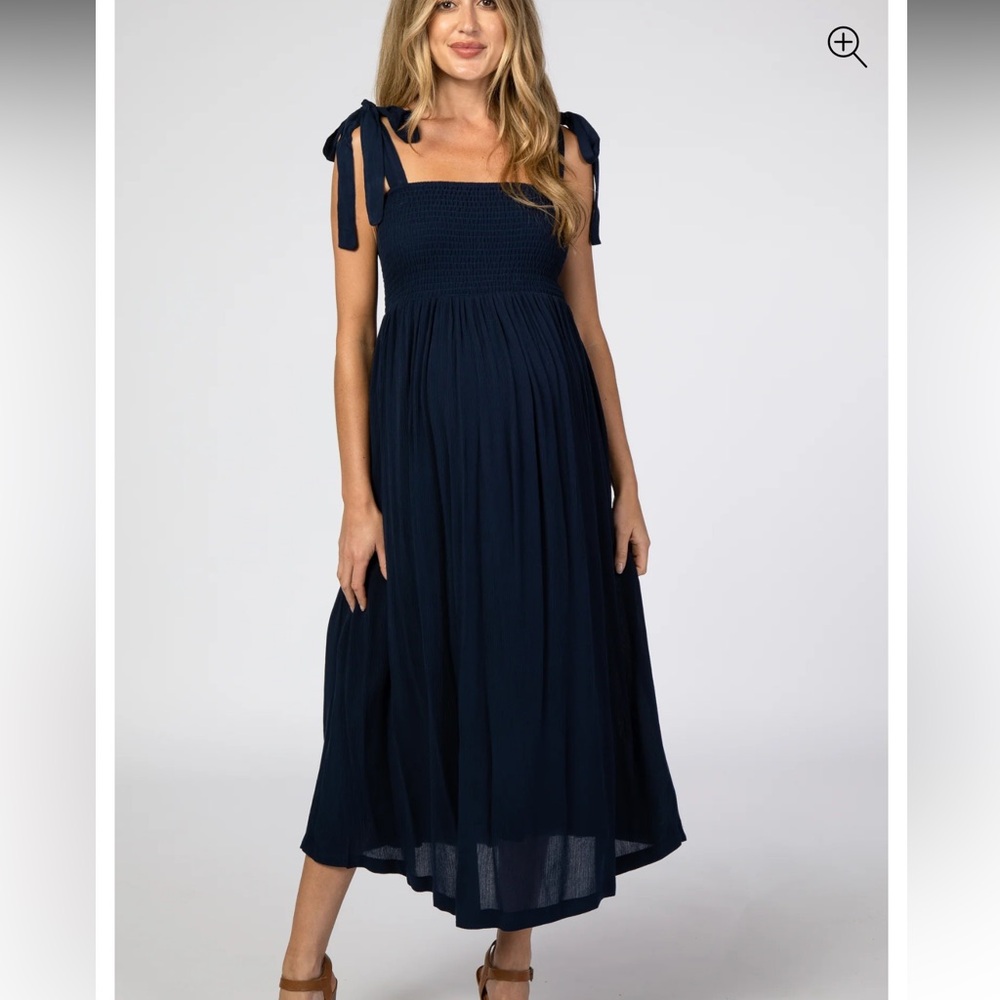 Pink Blush Maternity Smocked Tie Strap Midi Dress size Large Navy